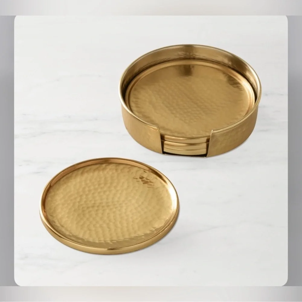 Williams Sonoma antique brass hammered coasters set with holder